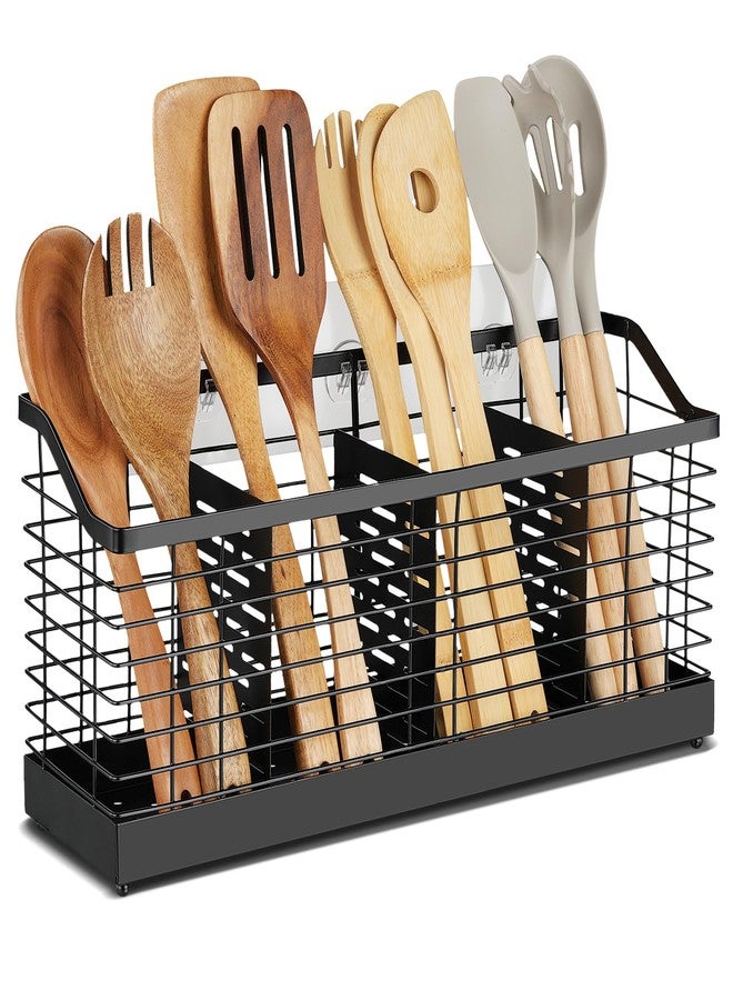 MYITYARD Utensil Holder for Kitchen Counter, Large Cooking Utensil Organizer with 4 Compartments, Matte Black Kitchen Organization for Countertop, Forks, Knives, Spoons, Cooking Tools - Image 1